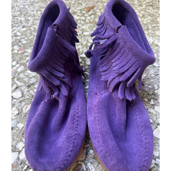 Minnetonka Kids Fringe Moccasin Boots Purple Suede Size 4 - Picture 7 of 9